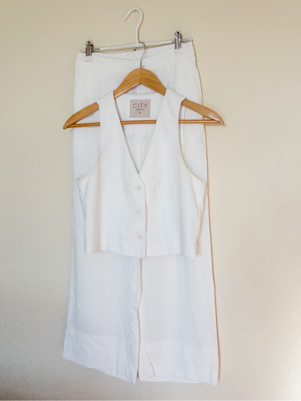 CITY White Linen Blend Vest & Wide Leg Pants Set | Size S | Quiet Luxury